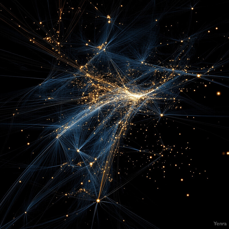 A complex network of interconnected nodes and lines, representing sources and their influences.