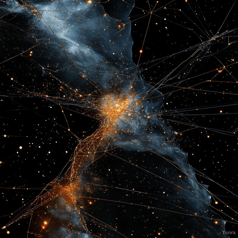 A visually striking representation of Source Clustering and Influence Mapping, featuring a dynamic interplay of blue and orange hues set against a black background.