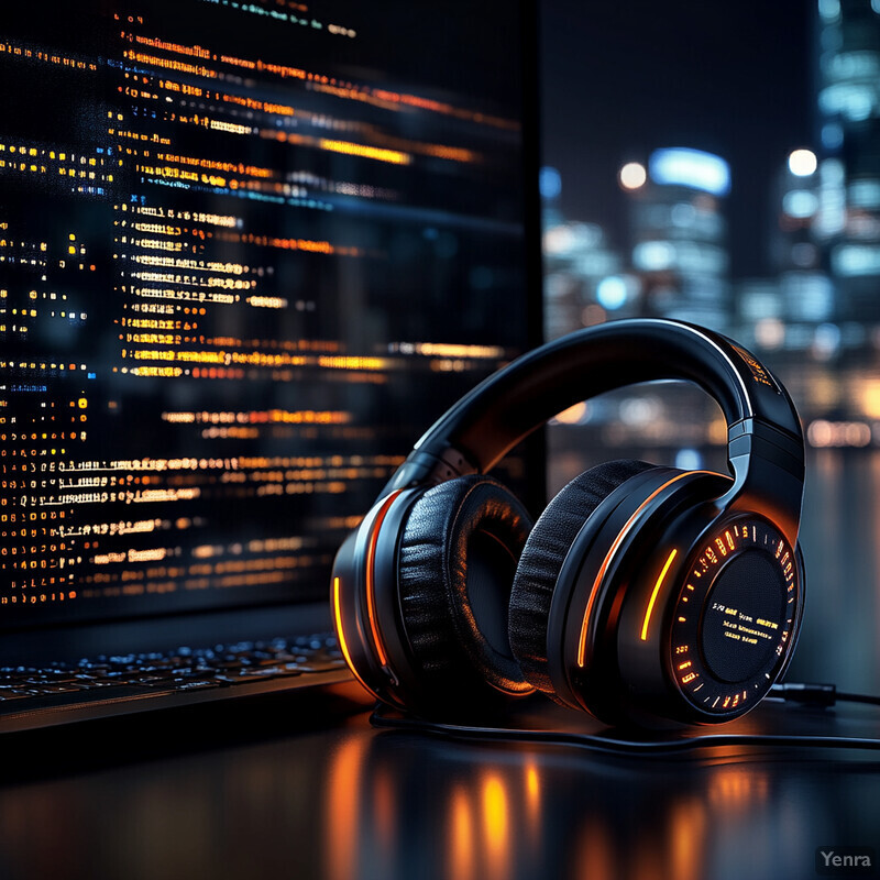 A pair of headphones sits on top of a laptop keyboard in front of a screen displaying lines of code.