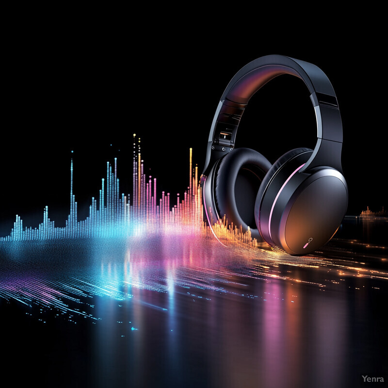 A pair of wireless headphones in front of a colorful sound wave pattern.