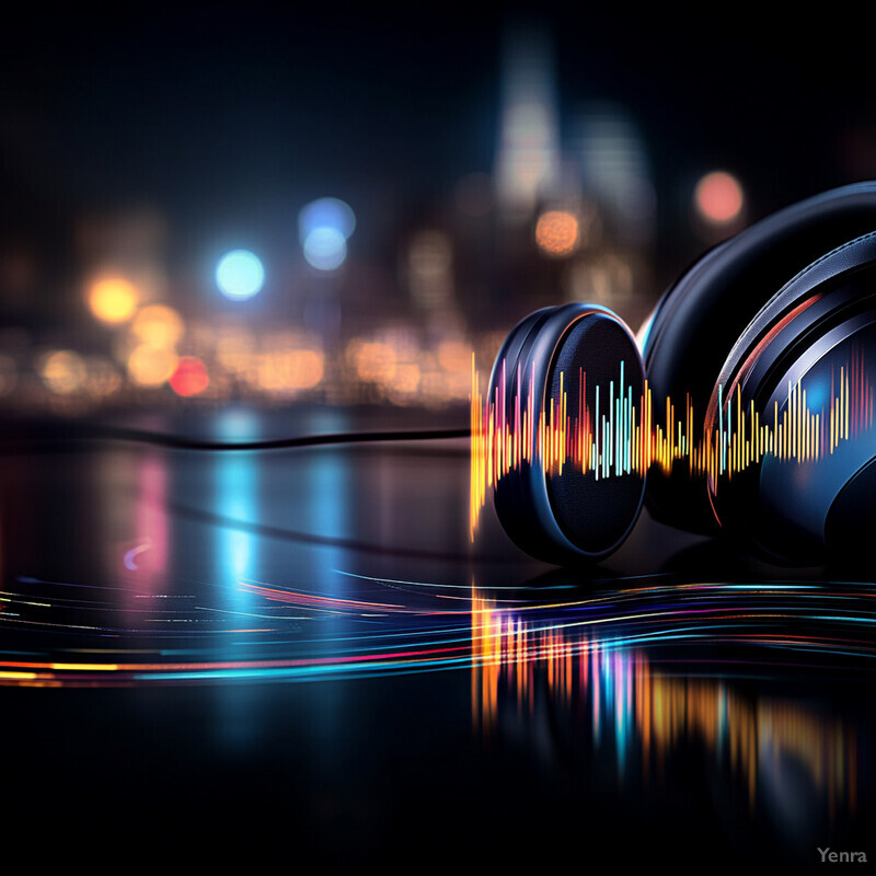 A pair of headphones with a sound wave pattern on their ear cups is set against a cityscape backdrop.