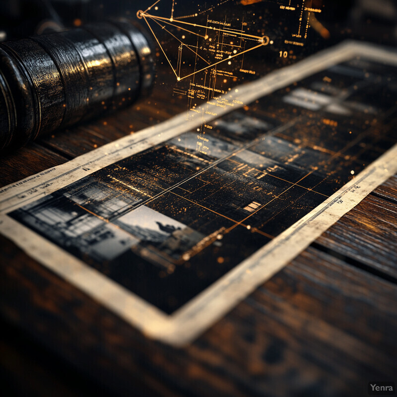 A mysterious blueprint or map with historical and technological elements is displayed on a wooden table.