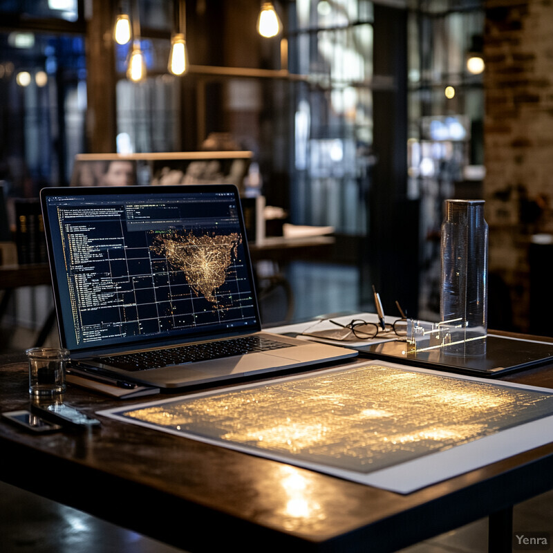 A person is using a laptop to analyze a complex map in a dimly lit room.