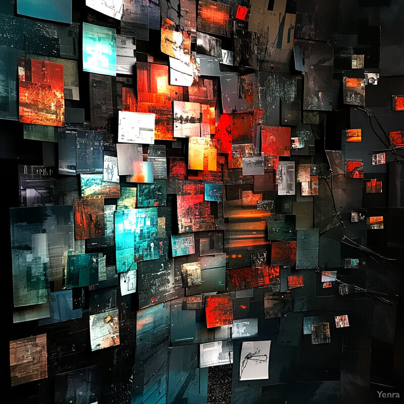 A wall covered in small, colorful photographs or artwork arranged in a random pattern.