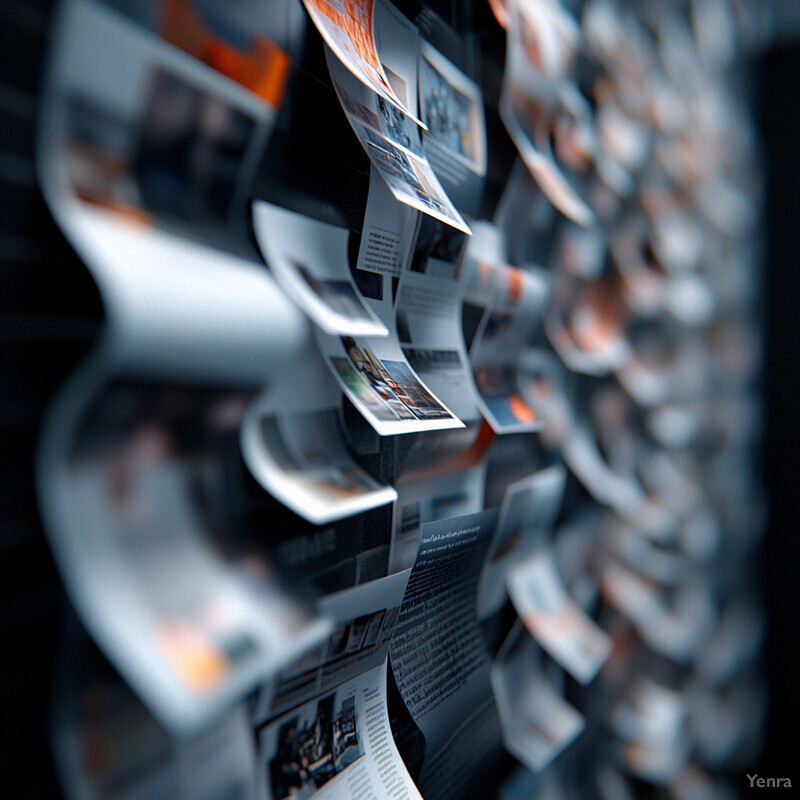 A wall covered in photographs and papers.