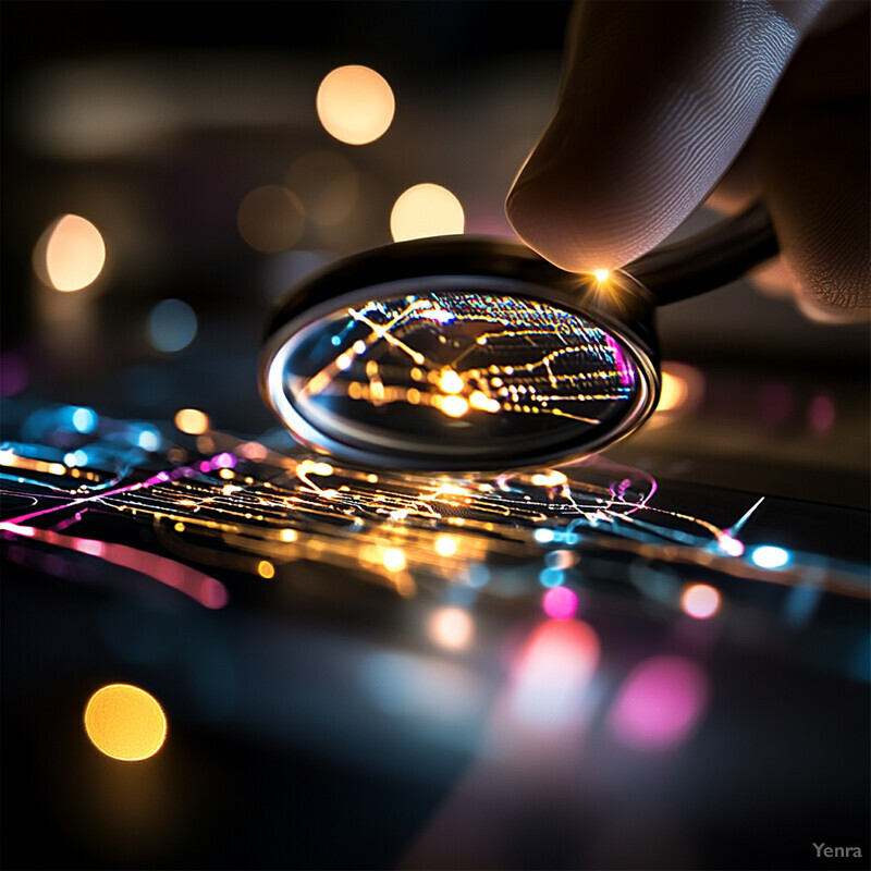 A person is examining and testing an electronic circuit board using a magnifying glass.