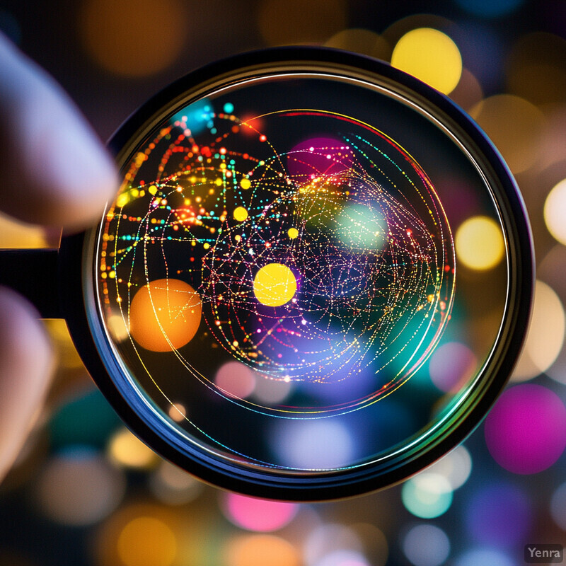 A magnifying glass with a black handle and rim is positioned in front of a vibrant multicolored background, featuring a diverse array of colors including yellow, pink, blue, and purple.