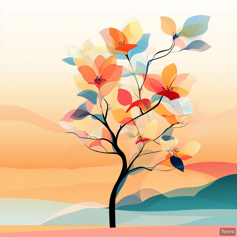 A tree with multicolored leaves stands in front of an orange sky, set against a backdrop of rolling hills.