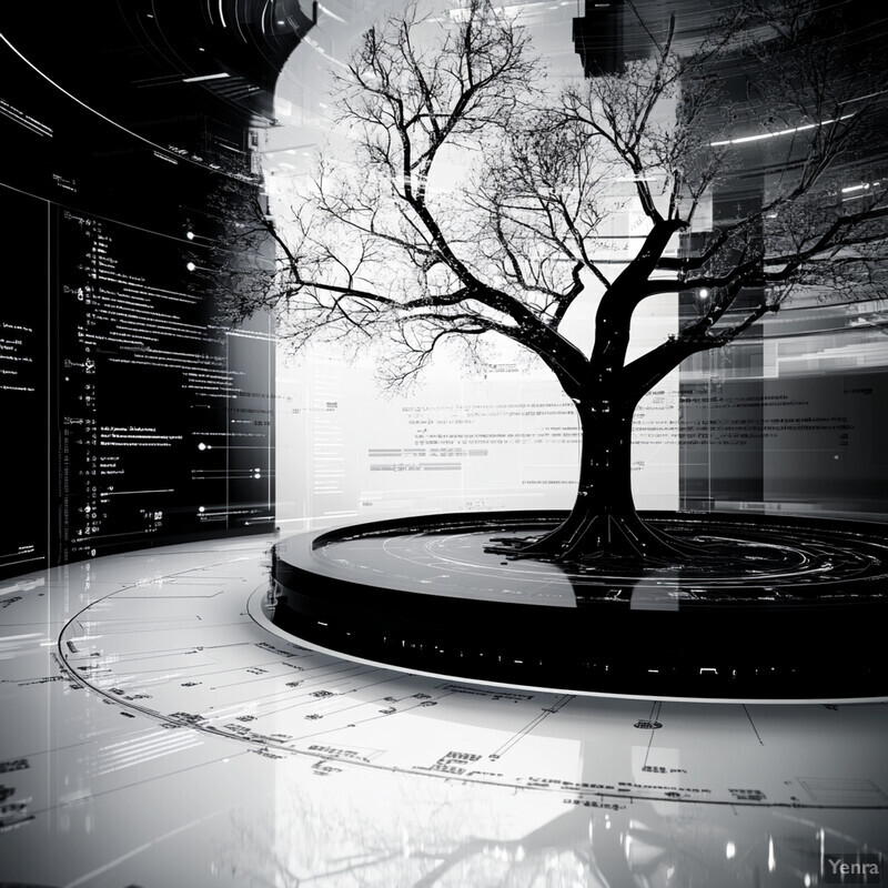 A futuristic room with a large tree in the center, surrounded by screens displaying data and information.