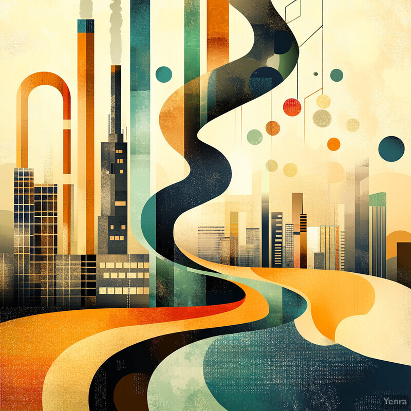 Abstract cityscape with bold lines and vibrant colors, featuring a blend of geometric shapes and organic forms.