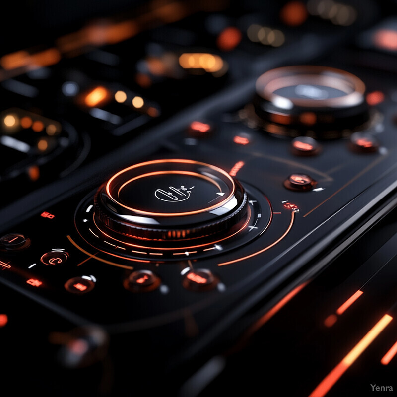 A close-up view of a sleek and modern DJ controller with numerous controls for adjusting settings and effects.