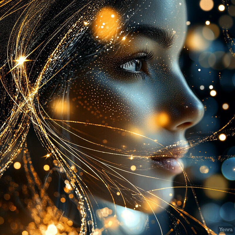 A woman wears a striking gold-colored mask that covers her features, creating an intriguing contrast between her natural beauty and the ornate design of the mask.