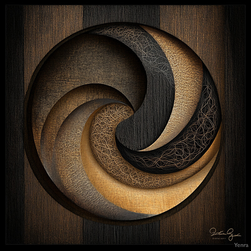 A circular design with a gradient effect, transitioning from dark brown to light brown and finally to black, set against a subtle background of vertical wooden planks.