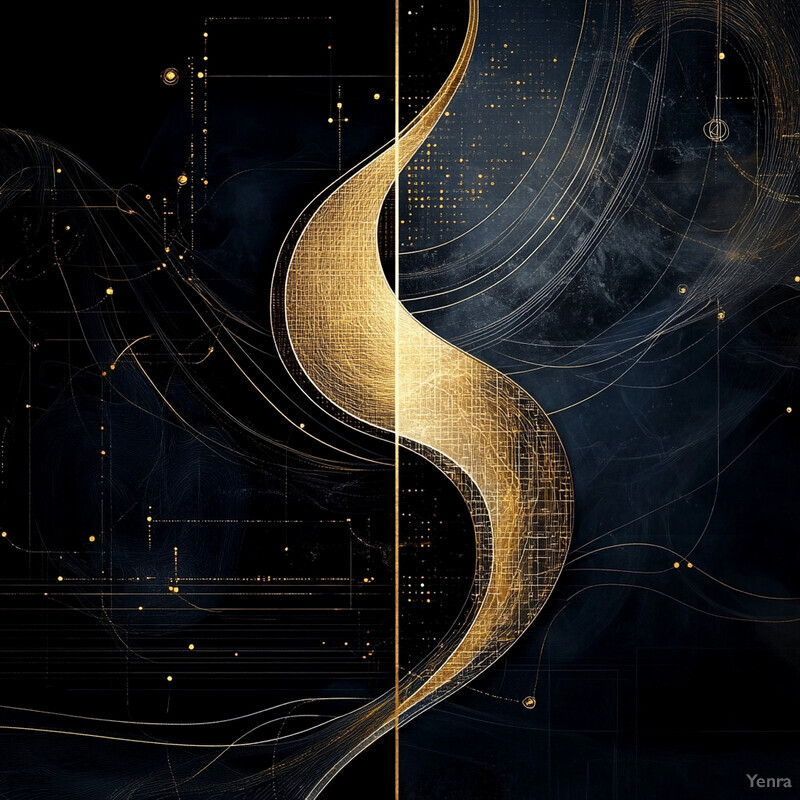 A striking abstract composition featuring intricate patterns of gold lines and dots on a dark background