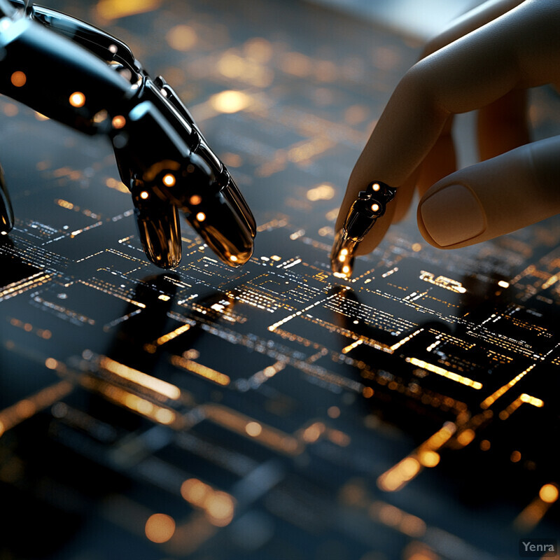 A robotic hand interacts with a human hand in a dark background.