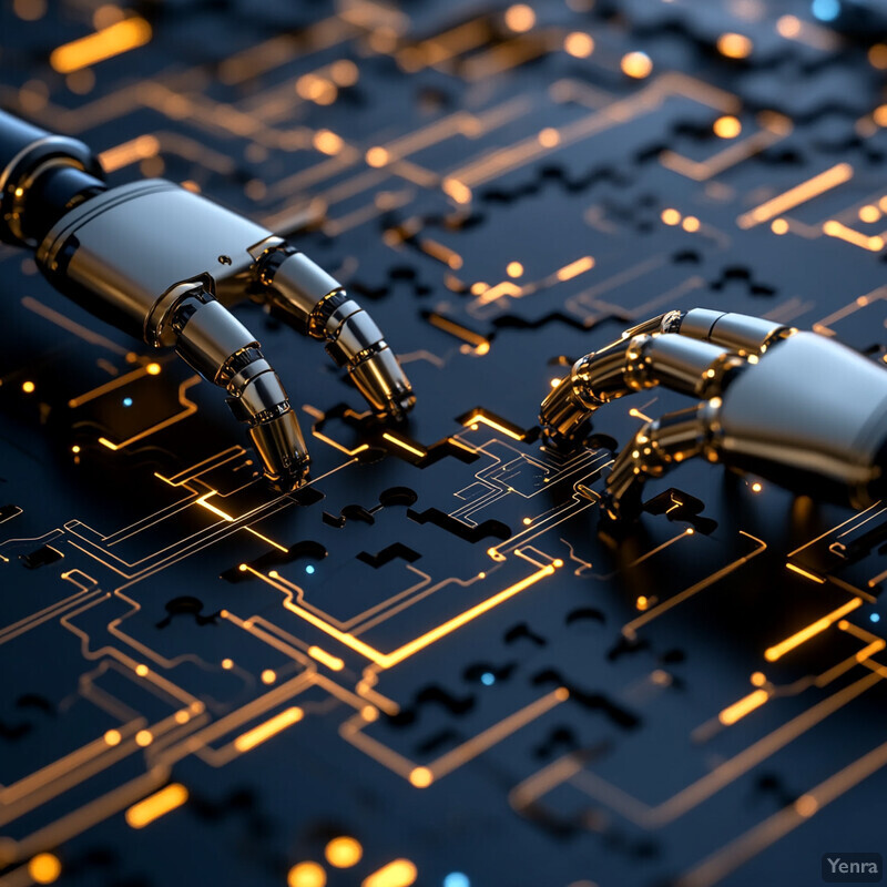 Two robotic arms with silver and orange metallic components are depicted in front of a black circuit board.