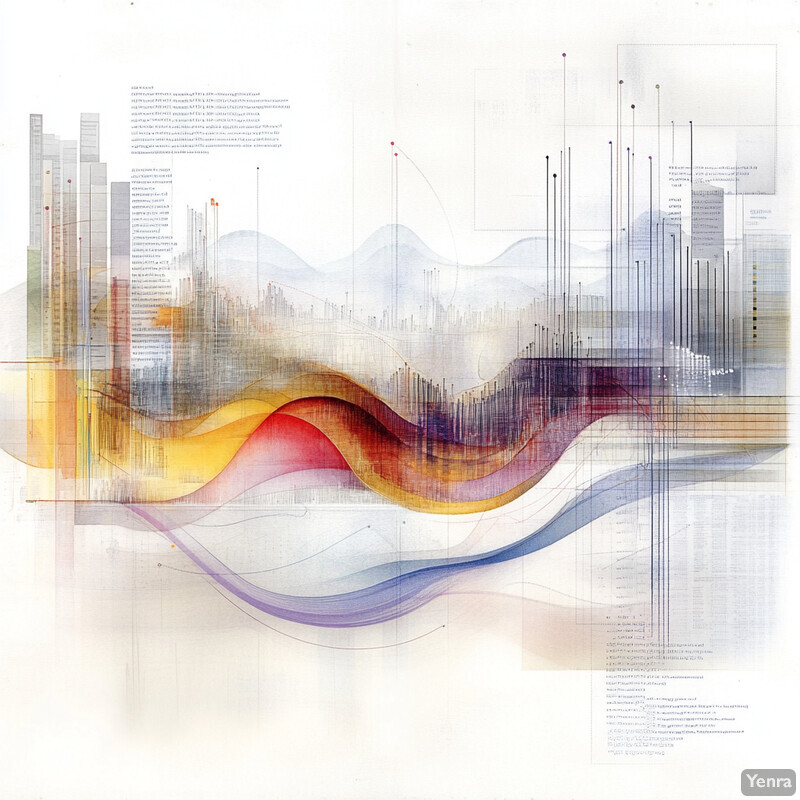 An abstract representation of data integration, featuring a wavy line and small rectangles with text.