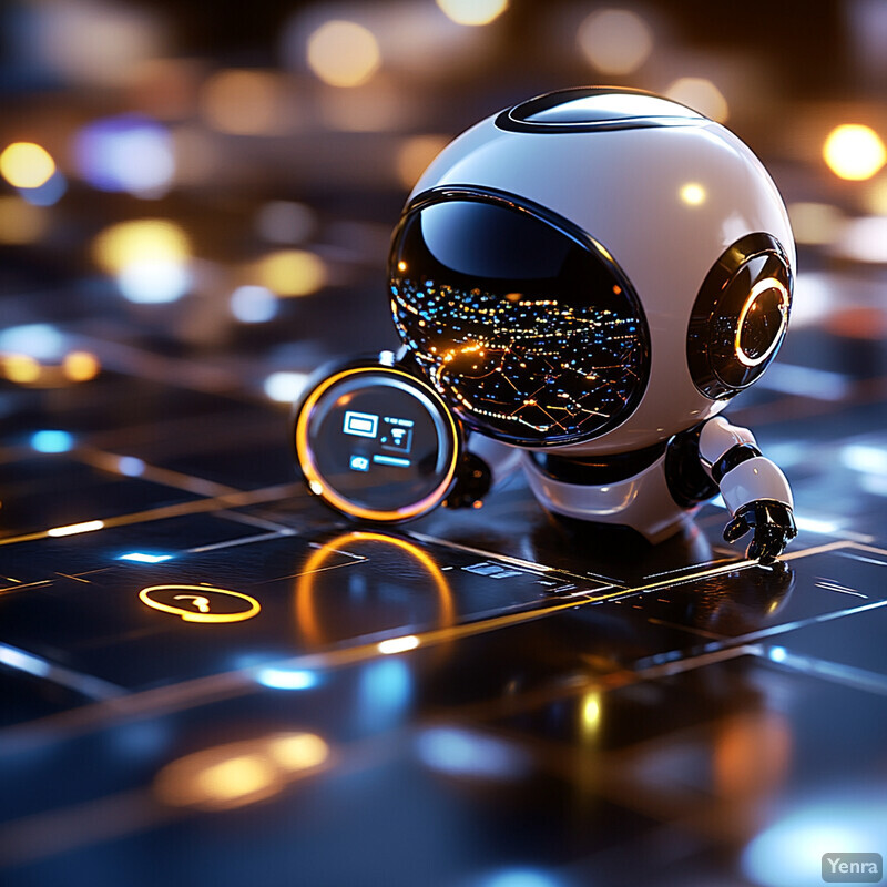 A small robot with a round body and two large circular eyes is positioned on a dark surface adorned with various symbols and lights.