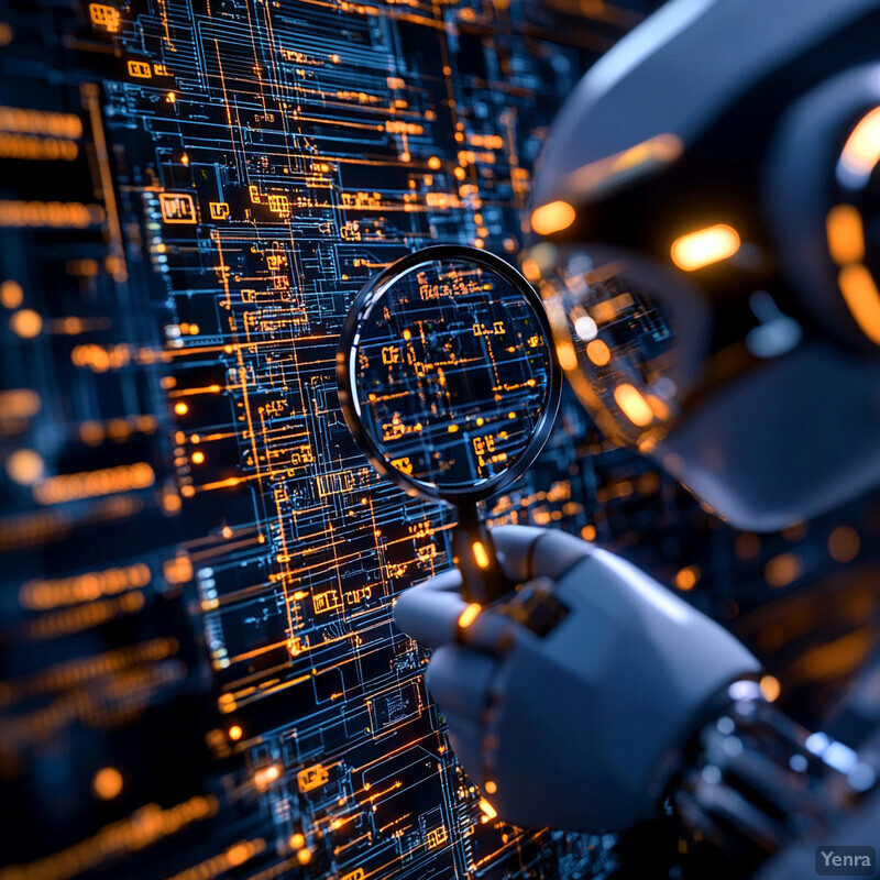 A person holds a magnifying glass over an electronic circuit board.