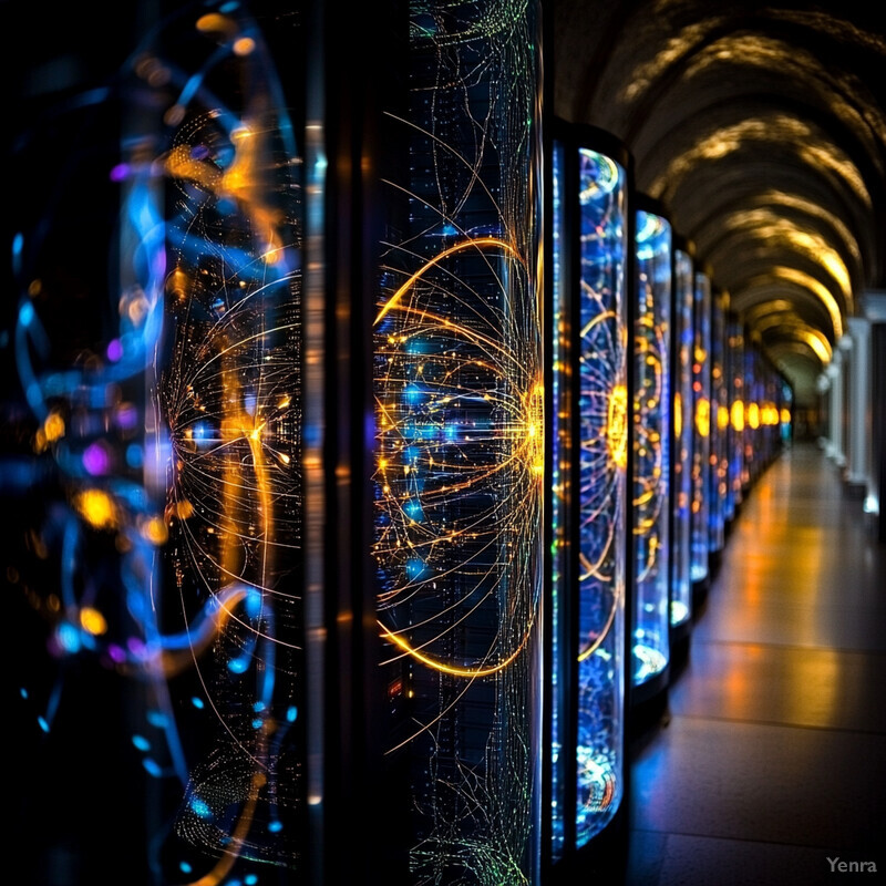 A long hallway lined with glass panels featuring intricate circuit board designs.