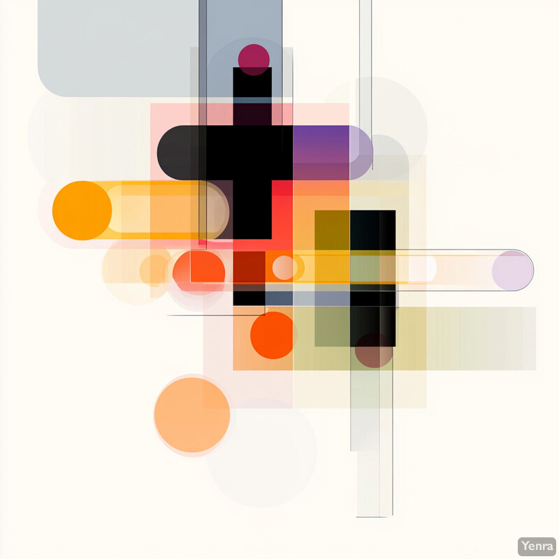 An abstract composition of geometric shapes in various colors.