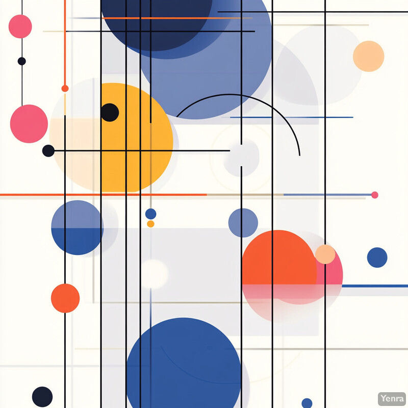 A geometric abstract composition featuring various shapes and lines in different colors.