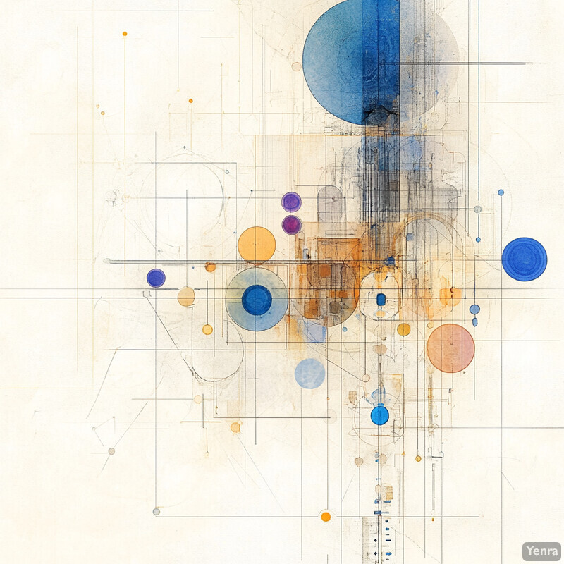 Abstract Composition with Overlapping Circles and Lines in Blues and Oranges.