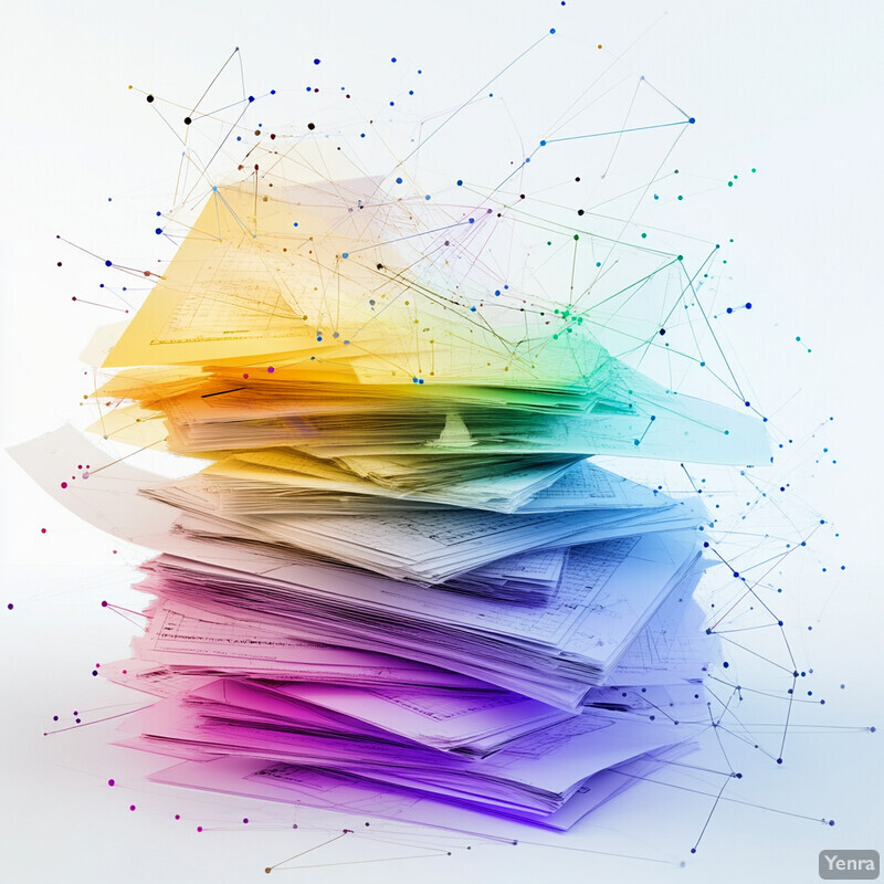 A stack of papers with various colors and sizes, arranged in a haphazard manner.