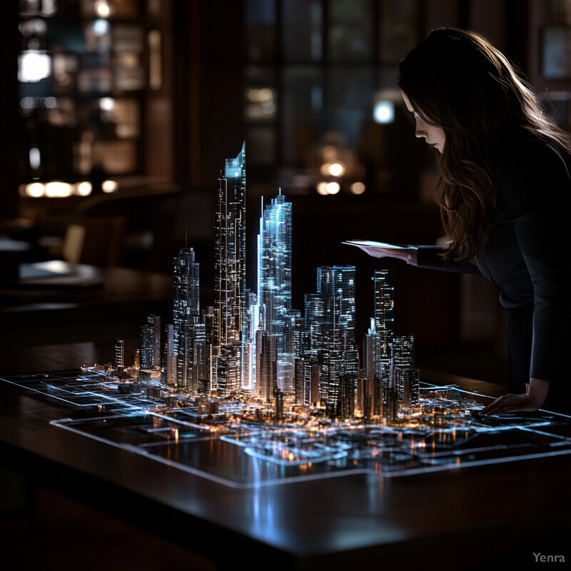 A woman stands in front of a large screen displaying a 3D cityscape, intently studying the layout.