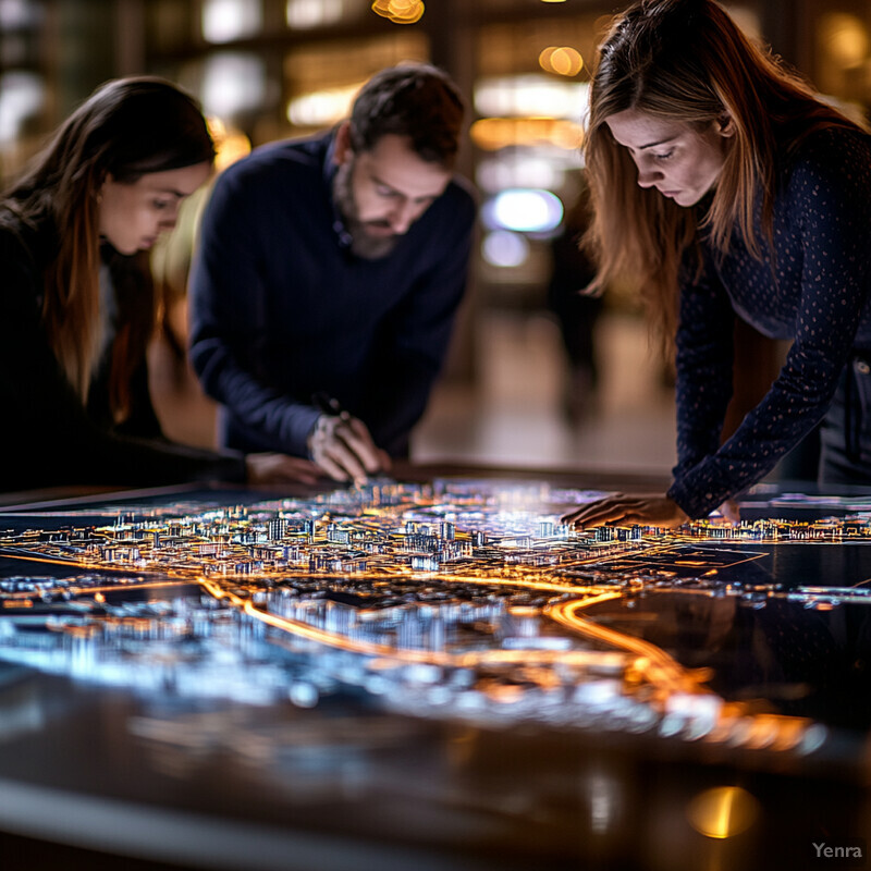 Three professionals analyze a city map illuminated by orange lights.