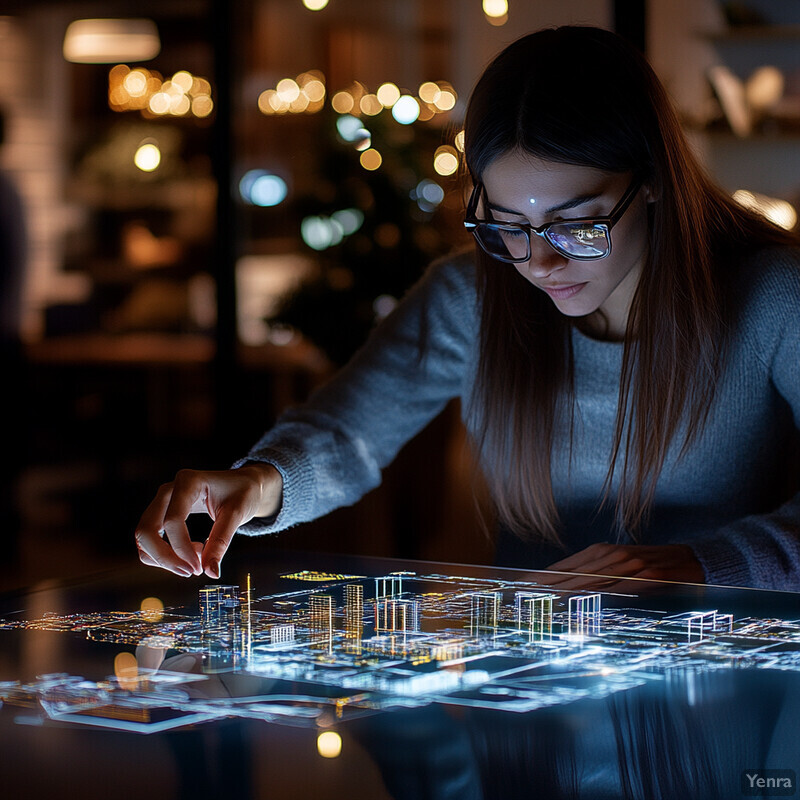 A woman examines a glass-like table displaying an illuminated cityscape in a dimly lit room.