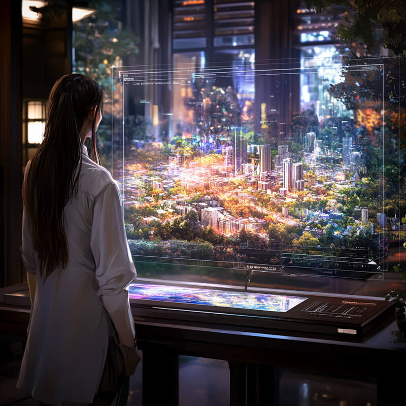 A woman stands in front of a large screen displaying an aerial view of a city.