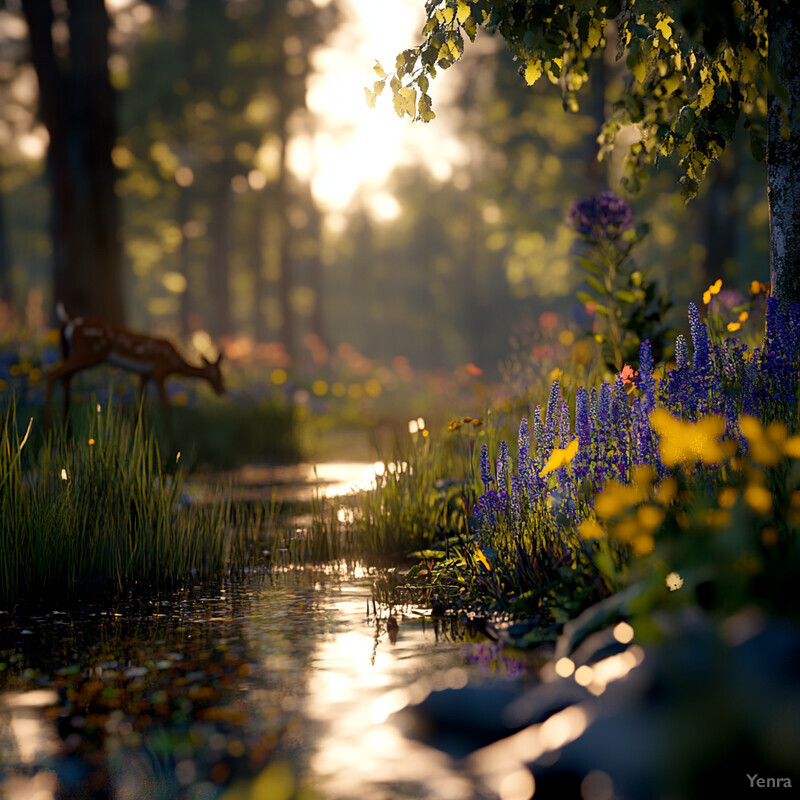 A peaceful forest scene with a small stream and a deer drinking from it.