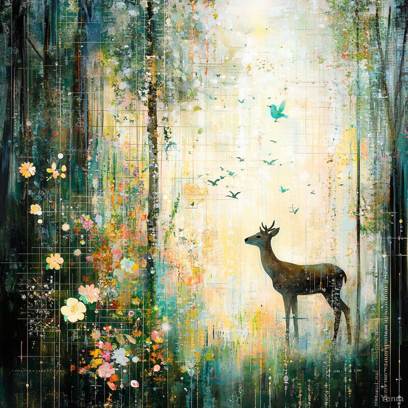 A serene forest scene with a deer standing in the center, surrounded by lush greenery and vibrant flowers.