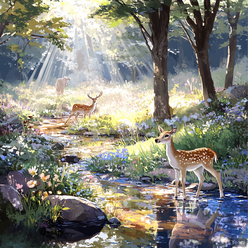 A serene forest scene with two deer standing in front of a stream.