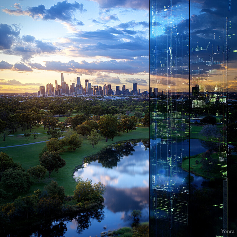 A serene cityscape at sunset, with a large park or golf course in the foreground and a bustling urban area in the background.