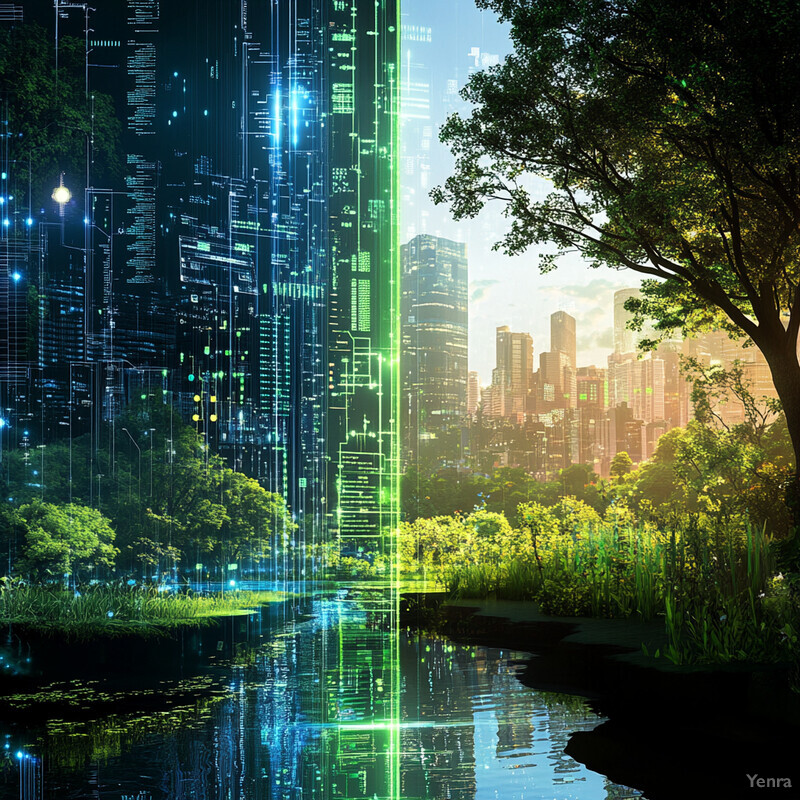 A futuristic cityscape with towering skyscrapers and lush greenery, set against a backdrop of a serene river.