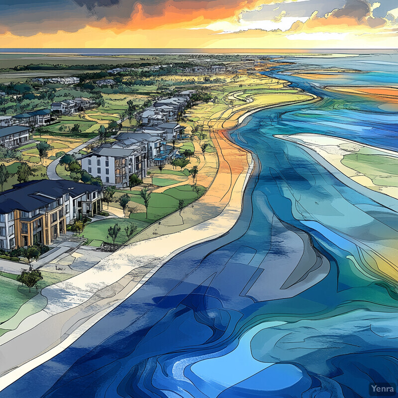 An artist's rendering of a coastal town with a focus on its relationship to the ocean and surrounding landscape.