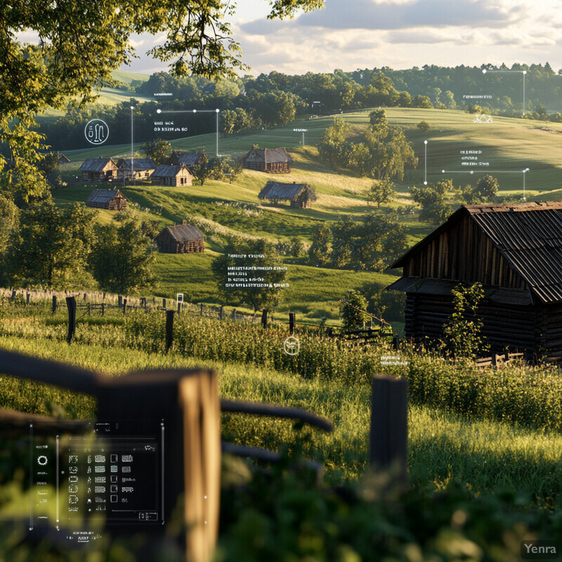 Idyllic rural landscape featuring rolling hills, scattered farmhouses, and a rustic fence.