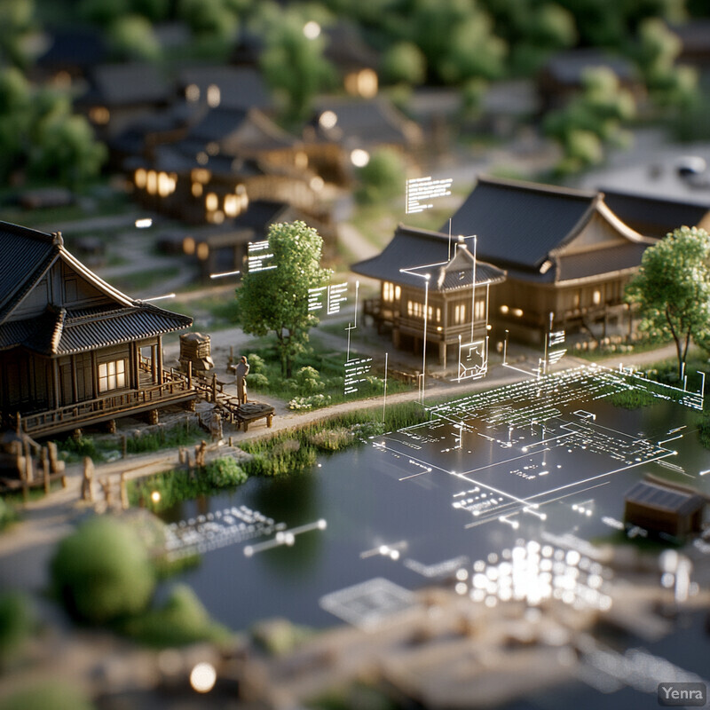 An Asian-style village featuring traditional architecture and lush greenery.