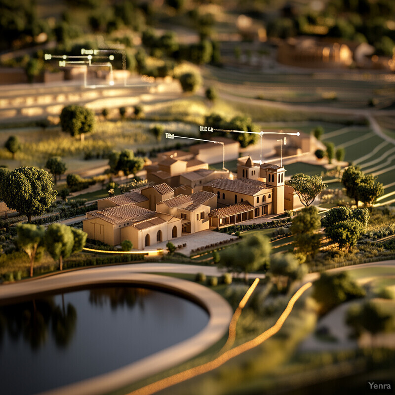 Serene landscape featuring a large building complex surrounded by greenery and trees.