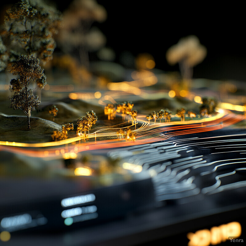 A 3D model of a cityscape with rolling hills and scattered trees.