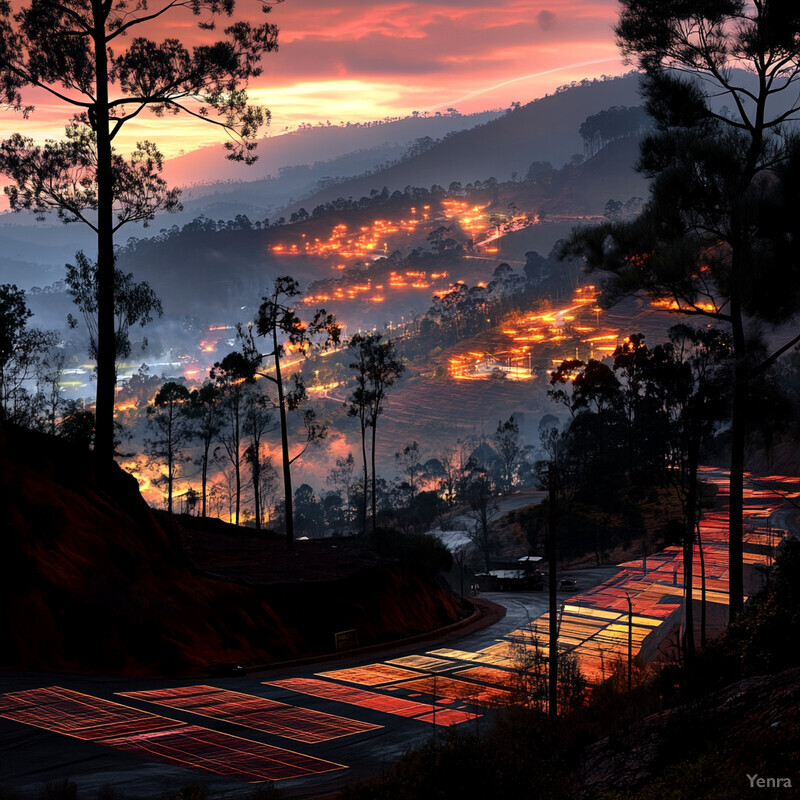 A serene and picturesque scene of a winding road through mountains at sunset.