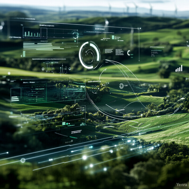 An aerial view of a rural landscape with rolling hills and greenery, overlaid with charts, graphs, and data visualizations related to energy production and human activity.