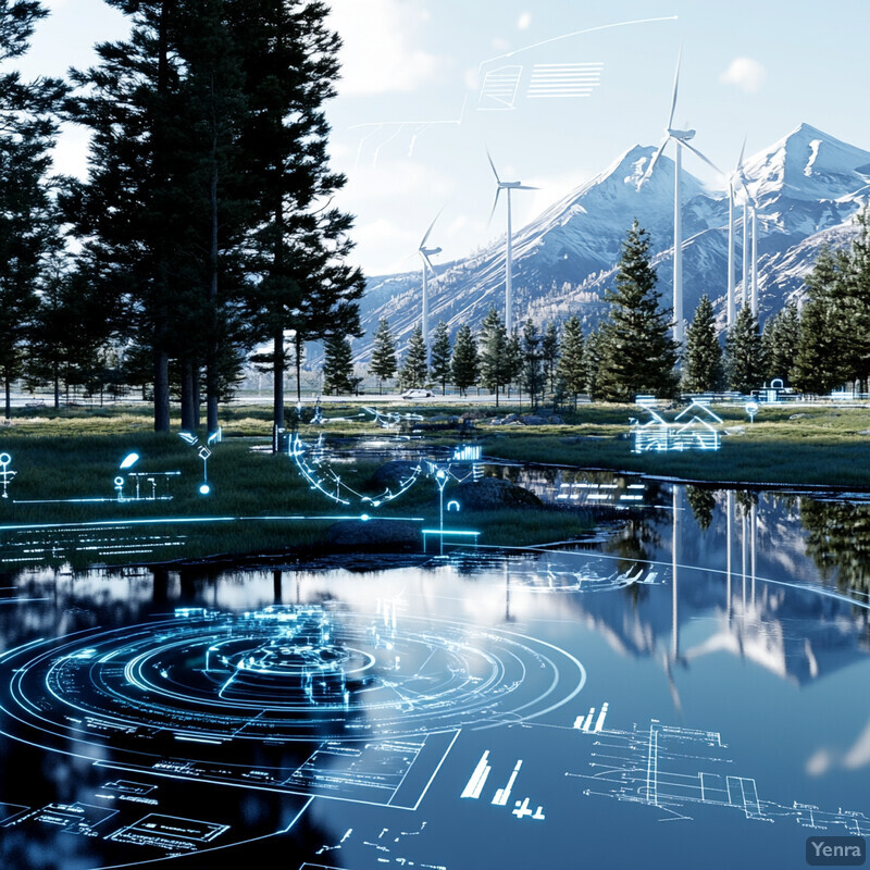 A serene landscape with wind turbines in the background and a body of water in the foreground, overlaid with technical diagrams.