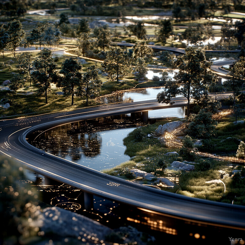 An overhead view of a highway interchange with six lanes and two bridges spanning over a body of water.