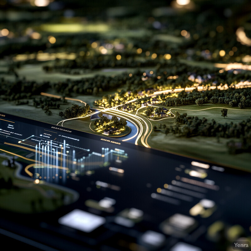 A 3D model of an urban area with infrastructure elements such as roads, buildings, and landscaping.