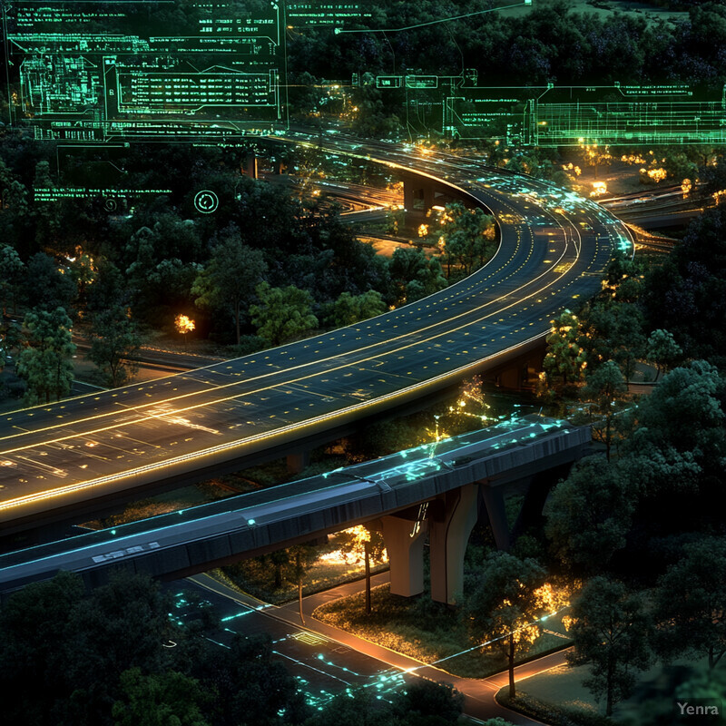 A futuristic highway system with glowing lines and a large bridge, set against a backdrop of trees and graphs.