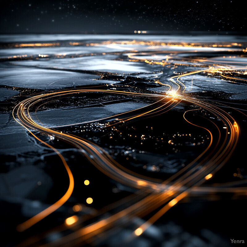 Aerial view of a city's infrastructure with white roads and yellow lines, featuring a prominent highway and surrounding buildings.