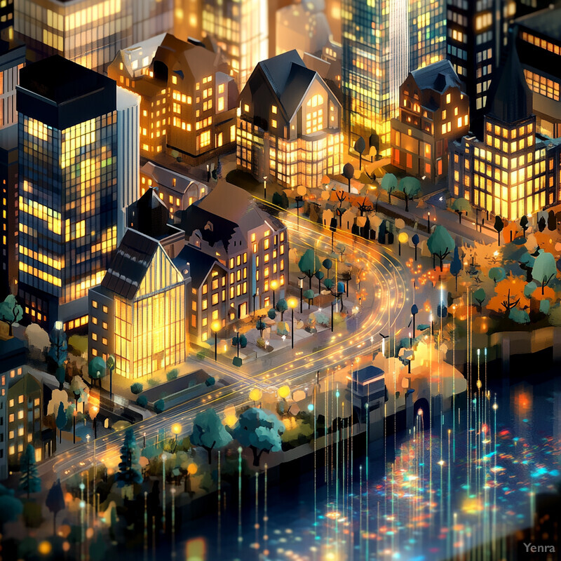 A cityscape at night, with tall buildings and bustling streets illuminated by neon lights.